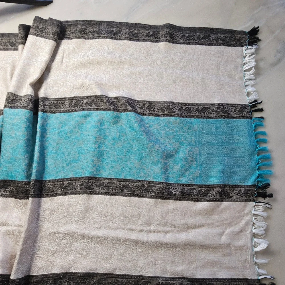 Striped Scarf‎ Wrap Shawl with Tassels - Beige, Blue, Black Accent